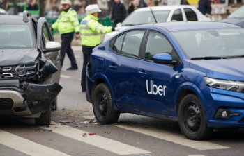 an Uber logo branded car involved in a car accident